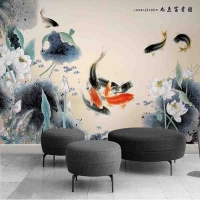 新中式水墨九鱼图荷花电视沙发背景墙 酒店床头装饰壁画无缝墙布