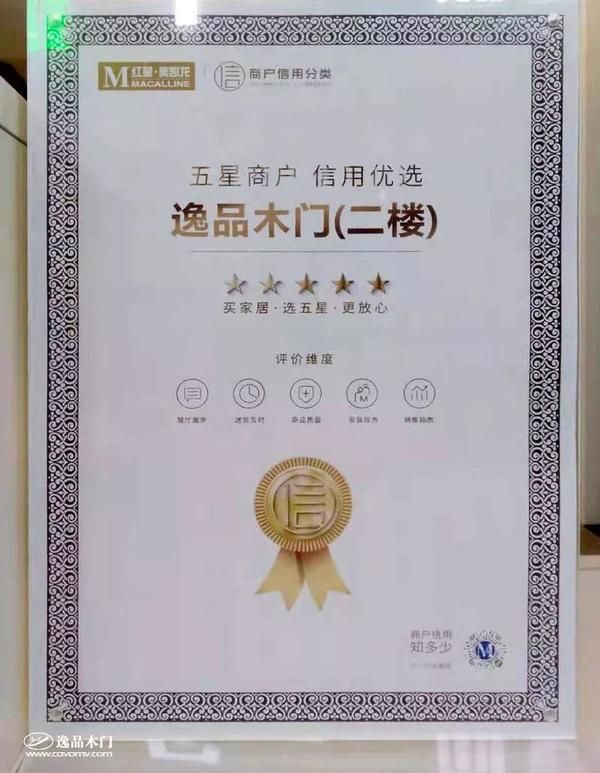 重庆逸品木门:五星商户证书